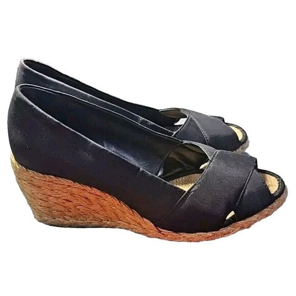 Adrienne‎ Vittadini black satin peep toe espadrille wedge heels Women size 7 D24 - Picture 1 of 7